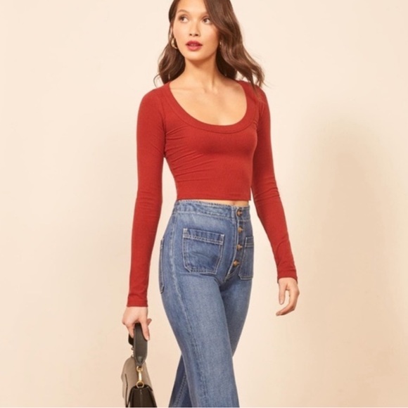 Reformation cropped long sleeve red top ribbed - Picture 2 of 5